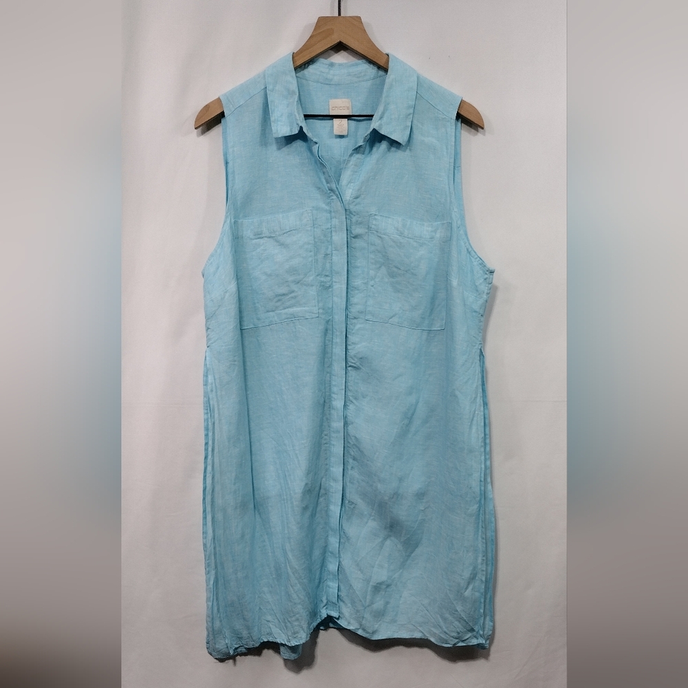 Chico's 100% Linen Sleeveless Shirt Dress Women's L Blue Retro 90s Y2K Casual